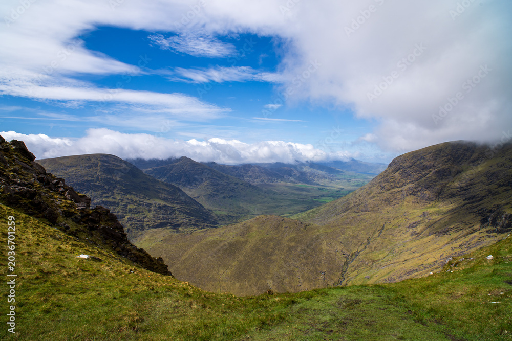 Fototapeta premium Dramatic mountain valley with two glacial lakes viewed from high ridge