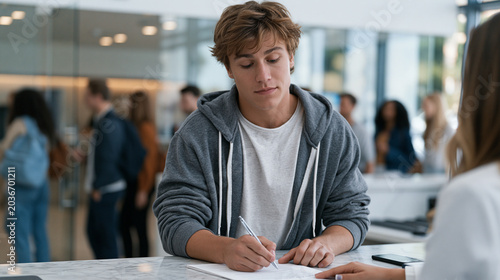 Nervous young adult standing at bank cou 1