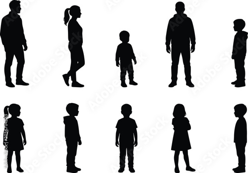 Quadro su tela Large group of standing light gray children silhouettes in two rows including bo