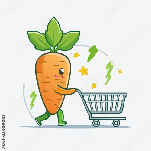 Cute Carrot Character Pushing a Shopping Cart