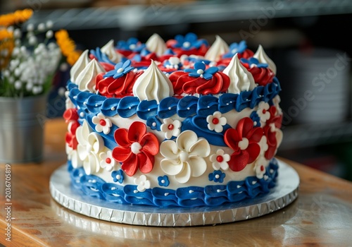 patriotic fourth of july cake decorated with red white and blue buttercream frosting flowers