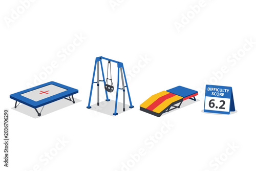 Gymnastics equipment including a trampoline, swing, vaulting box, and score display