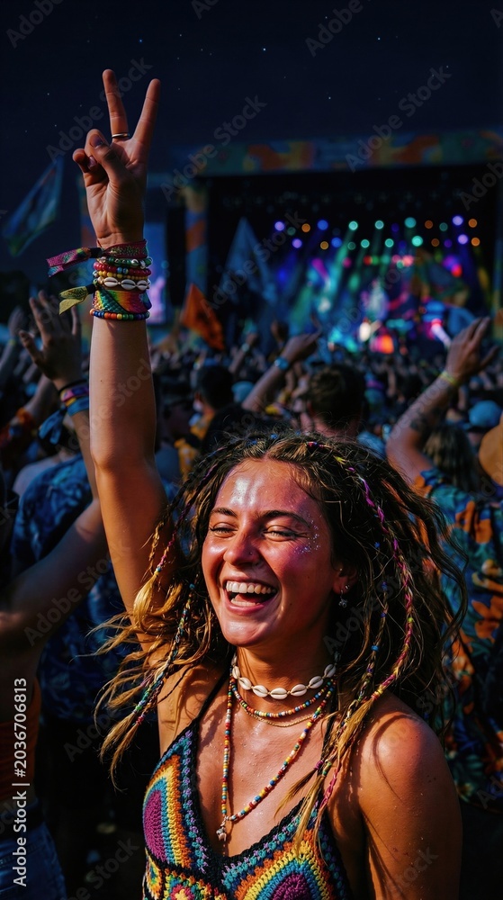 Obraz premium Young woman dancing at outdoor music festival show. Happy girl having fun at summer concert with neon lights. Enthusiastic fan cheering in crowd at night event, nightlife concept.