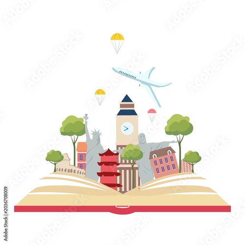 An open book displays iconic landmarks from around the world, including a statue and trees, while an airplane flies overhead. This design shows the joy of travel and exploration.