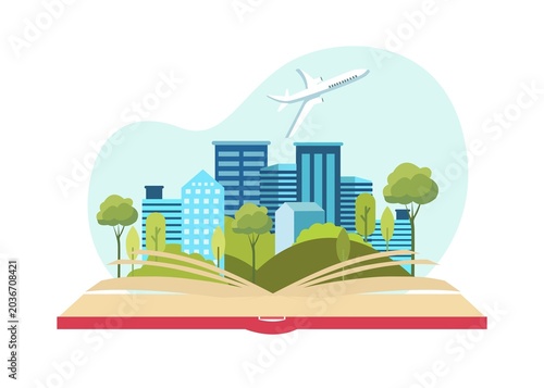 An open book reveals a vibrant cityscape with buildings and trees. An airplane flies overhead. This scene captures travel and exploration themes.