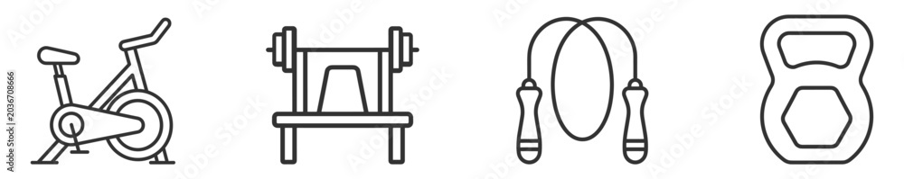 Fototapeta premium fitness equipment line icons set including exercise bike barbell jump rope and kettlebell on transparent background
