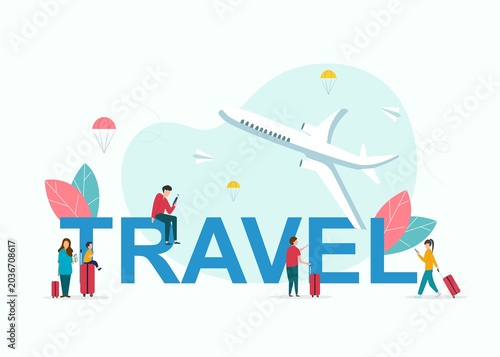 Diverse people interacting around a large travel text. Some are holding suitcases, while others are using mobile devices, all in a lively airport setting.