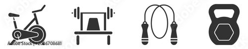 Cuadro en lienzo fitness equipment icons set including exercise bike, barbell bench press, jump r