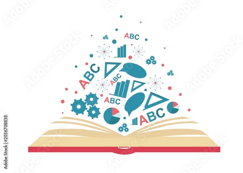 An open book releases colorful shapes and icons related to education and data.