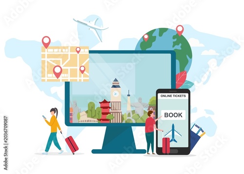 Two people are using a computer and a smartphone to book travel tickets. A world map and landmarks are shown in the background to represent travel destinations.