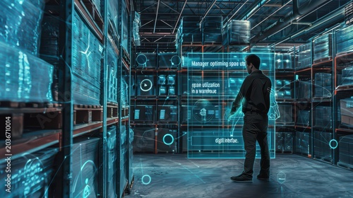 Warehouse manager analyzing digital inventory data in high-tech logistics center