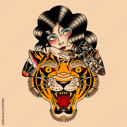 Canvastavla Traditional Pinup With a Tiger