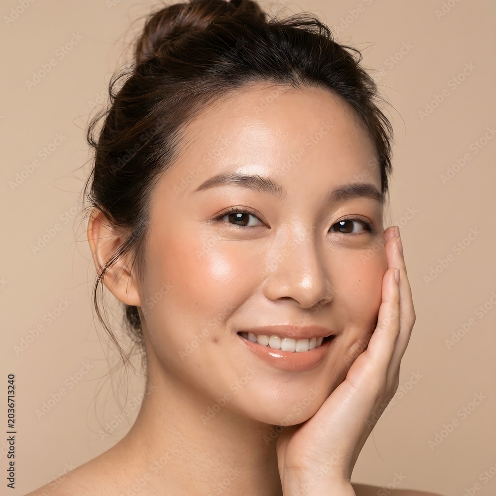 Obraz premium Young woman smiling with hand on cheek in soft natural light portrait