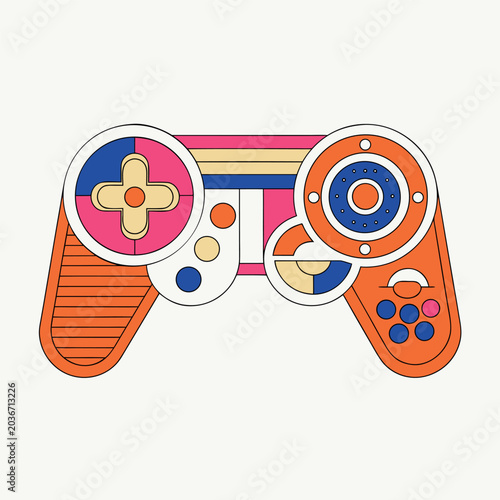 Colorful abstract game controller vector illustration, modern flat design, bold black outlines, playful shapes,