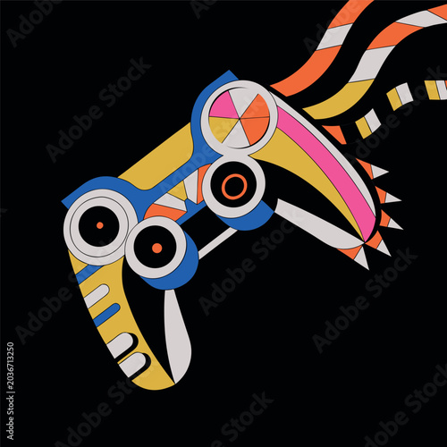 Colorful abstract game controller vector illustration, modern flat design, bold black outlines, playful shapes,