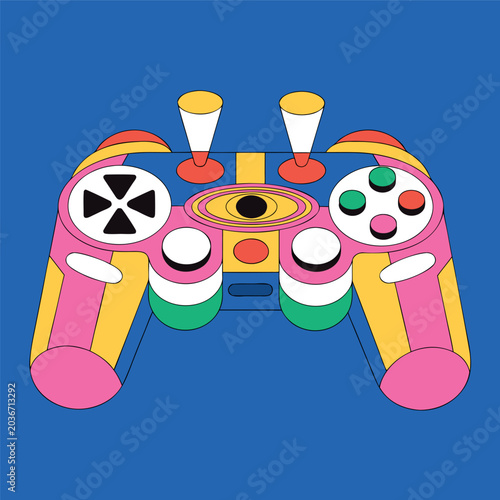 Colorful abstract game controller vector illustration, modern flat design, bold black outlines, playful shapes,