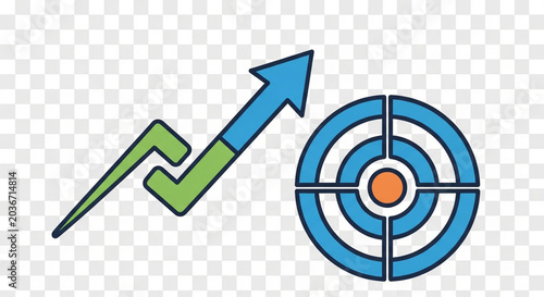 A vibrant illustration of an upward arrow pointing at a colorful target with a bullseye in the center
