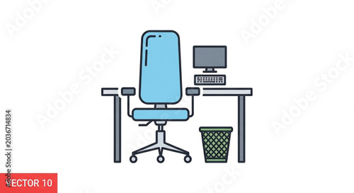 A modern office workspace with a desk, computer, chair, and a waste basket