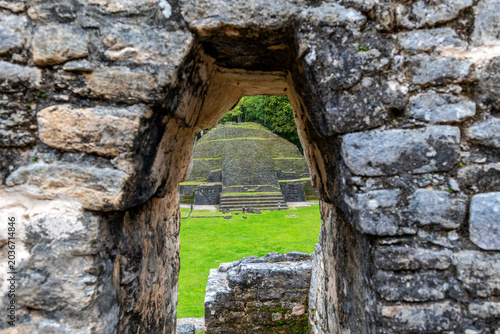 Fotografi View over the Mayan Water Lily Temple (Structure 5B) under a mansard roof, Caracol, Belize