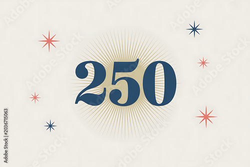 A celebratory scene with the number 250 surrounded by stars and lines on a cream background
