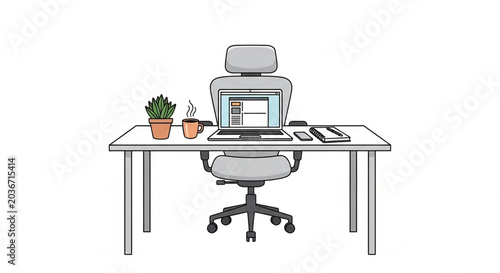 A clean and minimalistic workstation with a laptop, chair, and desk accessories in a vector illustration