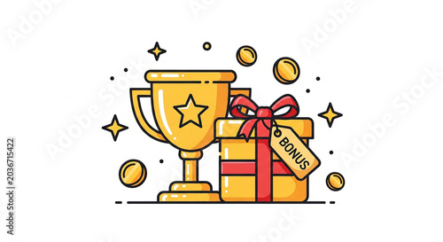 A golden trophy and gift box with a bonus tag surrounded by stars and coins in a vector illustration