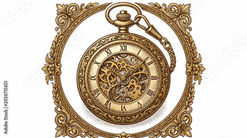Vintage style pocket watch icon with intricate mechanical gears inside an ornate decorative floral frame design