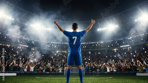 Male Soccer Player Raises Both Arms Toward the Crowd From the Pitch During a Professional International Football Match Game in a Packed World Stadium, Rear view of soccer player raising arms