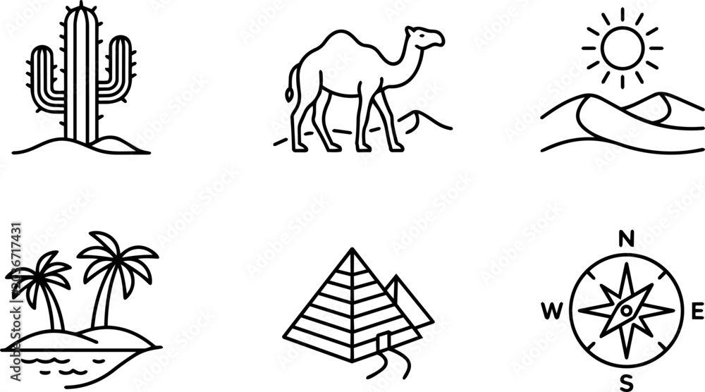 Fototapeta premium Desert Environment and Exploration Line Icons Collection. Vector