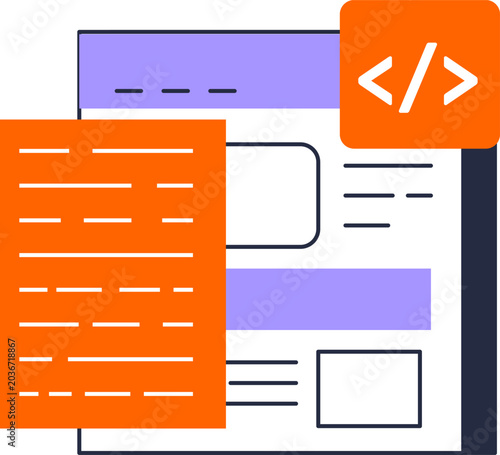 Bild auf Leinwand Website interface with coding brackets and script document for software developm