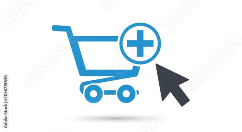 A minimal shopping cart icon with a plus sign and an arrow representing adding items online.