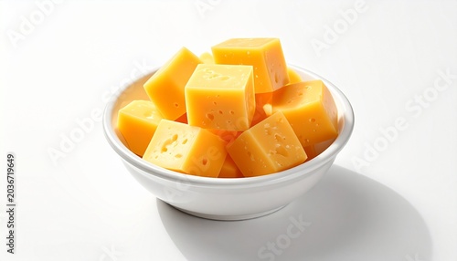 Realistic front-view bite-sized cheese cubes in small white bowl, white background, soft lighting, ultra realistic food photo.