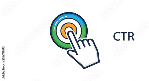 A hand pressing a colorful circular button with the text CTR written beside it