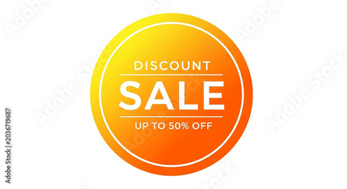 A bright circular vector icon advertising a sale discount of up to fifty percent off