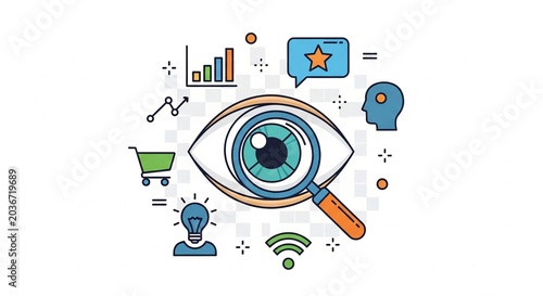 Flat design icon of a magnifying glass with eye and business symbols representing focus and analysis