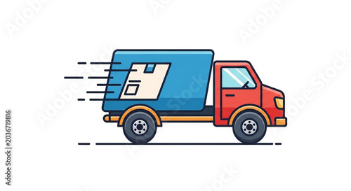 A red and blue delivery truck carrying boxes illustrated in a minimalist vector style