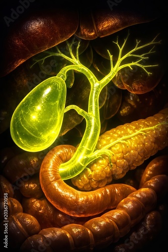 Gallbladder Anatomy: Human Digestive System Medical Illustration, Biliary Duct Physiology, Pancreas Organ Internal Biology, Science Gastroenterology Concept