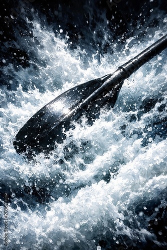 Extreme Whitewater Kayaking Adventure: Dynamic Paddle Motion Splashing In River Rapids, Action Outdoors Sport, Intense Water Current, Rafting Energy, Powerful Liquid Splash, High Speed Nature