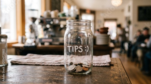 A jar labeled TIPS sits on a rustic wooden counter in a cozy cafe, with a few coins visible inside. The background shows a barista station and patrons enjoying their time