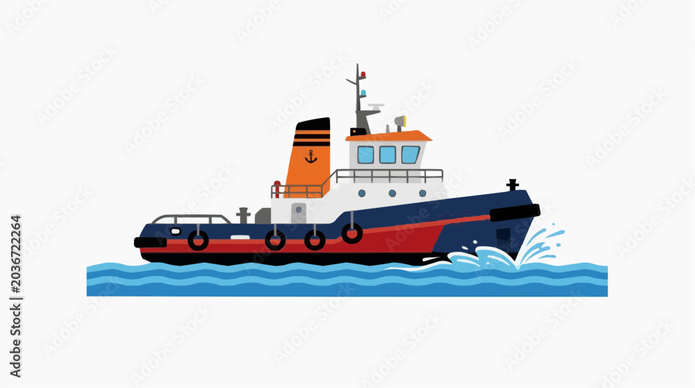 Fototapeta premium Heavy industrial tugboat leaving a small water trail on a white background, highlighting strength, marine engineering, and maritime transport.