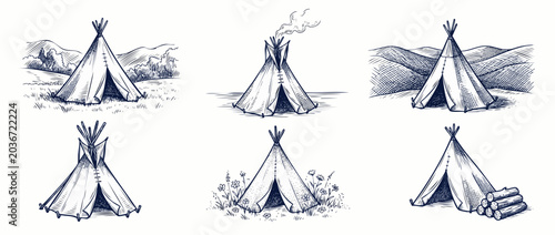 Konstfotografi Teepee tent sketch hand drawn set with vintage engraving style wigwam illustrations in outdoor camping wilderness scenes with mountains, campfire smoke, and firewood logs for rustic native design
