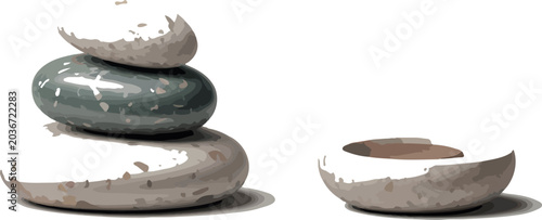 Photography Balanced zen stones stack with smooth river pebbles and pebble bowl on transparent background vector art