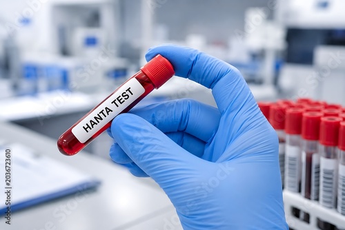 Gloved hand holding Hanta test blood sample tube