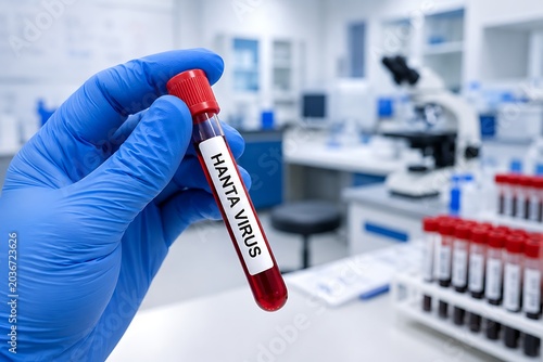 Gloved hand holding hanta virus blood test tube in lab