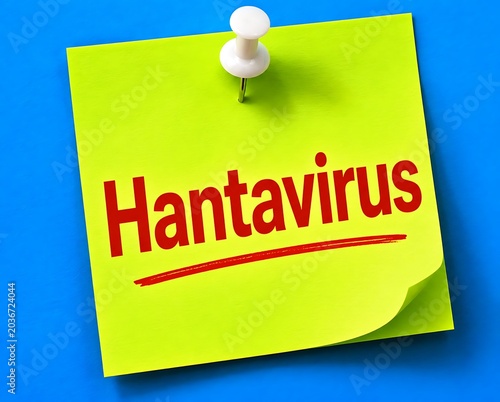Yellow sticky note with hantavirus text and pushpin on blue