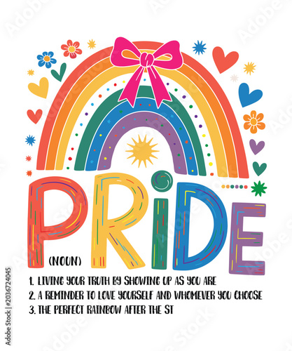 Colorful pride rainbow with bow and flowers illustration