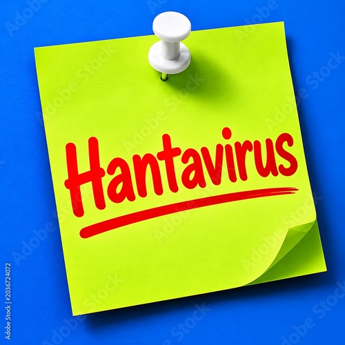Yellow sticky note with hantavirus text and white pin