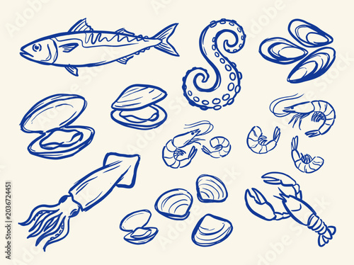 Vintage seafood sketch collection, hand drawn blue ink fish and shellfish icons, nautical restaurant menu vector elements