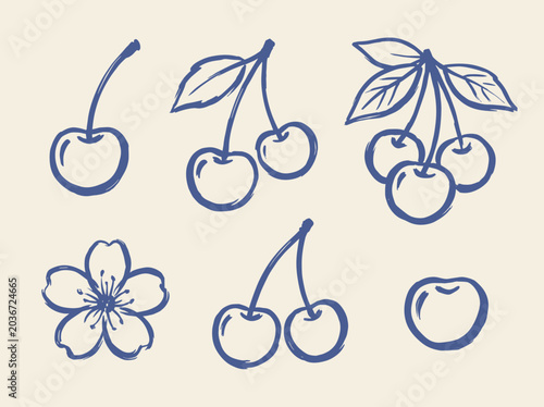 Canvas Print Cherry doodle vector illustration set with cherry blossom, leaves and hand drawn