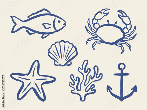 Konstfotografi Ocean sea life doodle vector illustration set with fish, crab, starfish, coral a